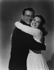 Irish actress Maureen O'Hara with John Wayne in a publicity still for 'The Quiet Man'. Original Publication: People Disc  - HH0390   (Photo by Hulton Archive/Getty Images)